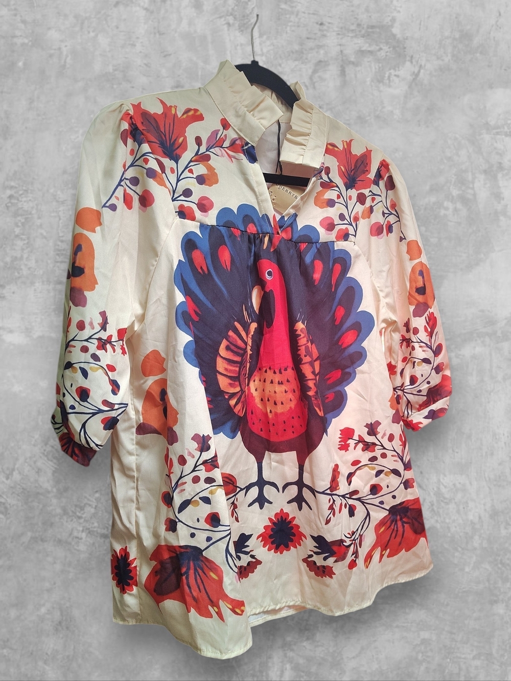 Cream Tunic with Red & Blue Turkey Motif by CherryBetty